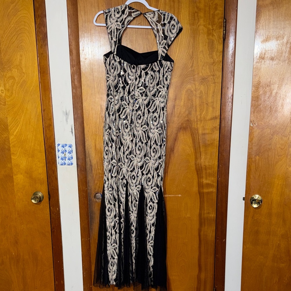Betsy & Adam Black and Ivory Lace Maxi Gown